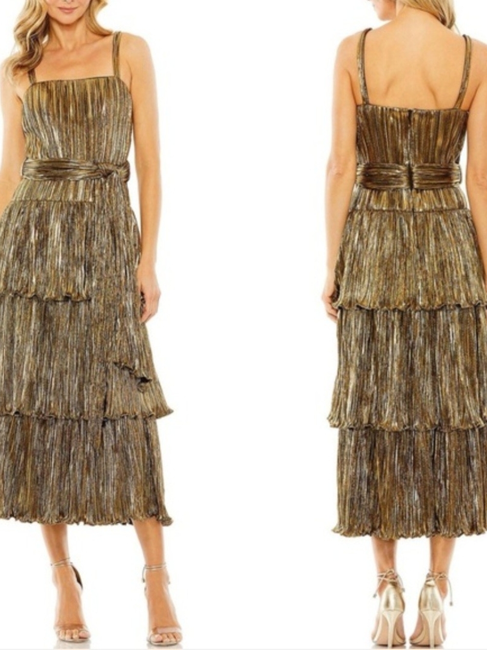 Mac Duggal NWT Metallic Tiered Midi Dress With Belt- Gold